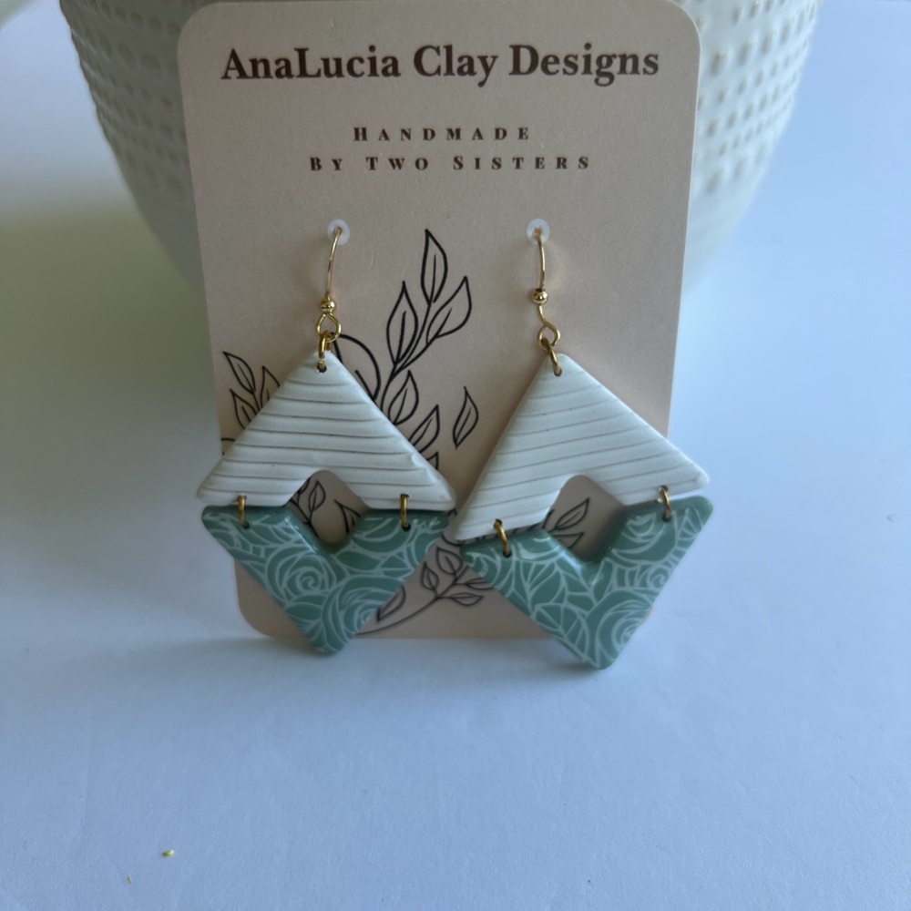 Green and White Geometric Earrings